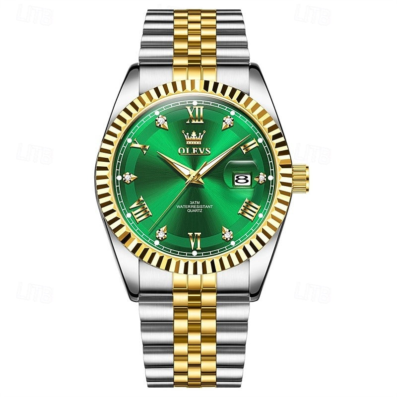 Reloj Estriado con Fecha - Verde/Plata/Dorado