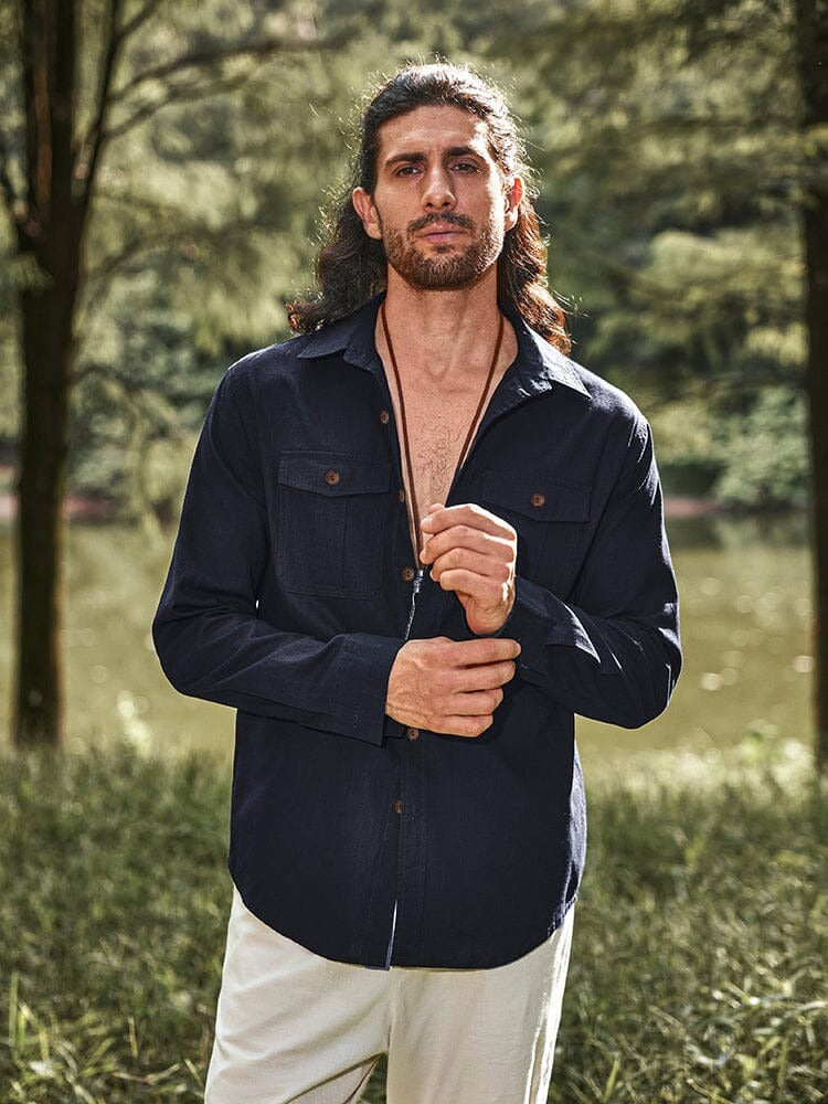 Camisa de Lino con Bolsillos - Azul Marino