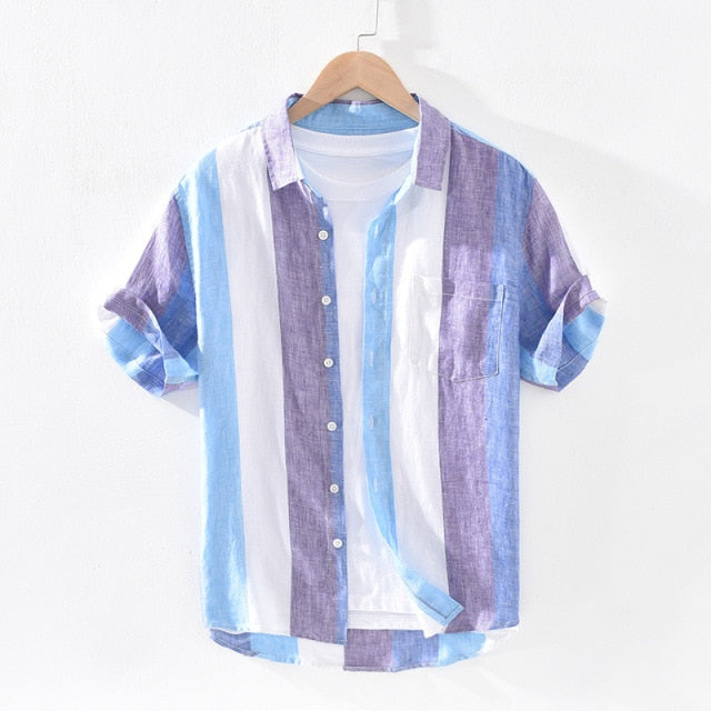 Camisa de Lino Manga Corta con Rayas Sunset – Morado/Azul
