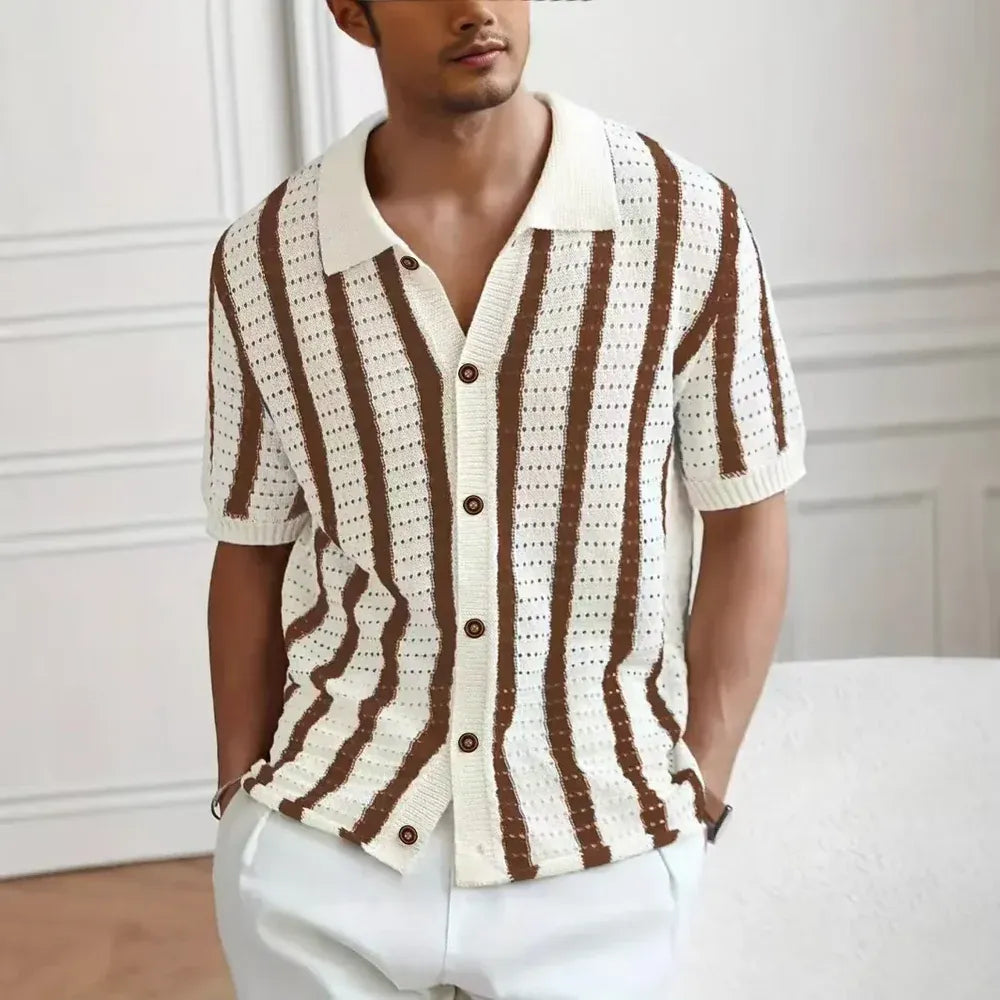 Polo de Punto con Botones Riviera – Rayas Crema/Cacao