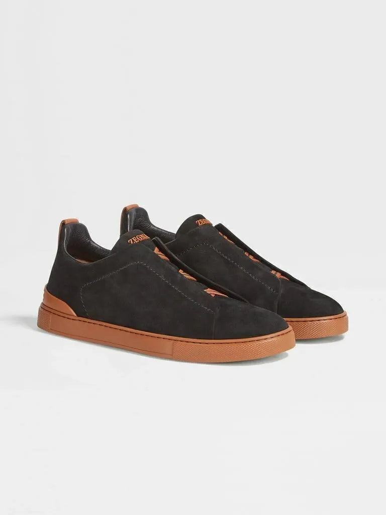 Triple Stitch Gamuza Cuero Zapatillas – Negro/Marrón