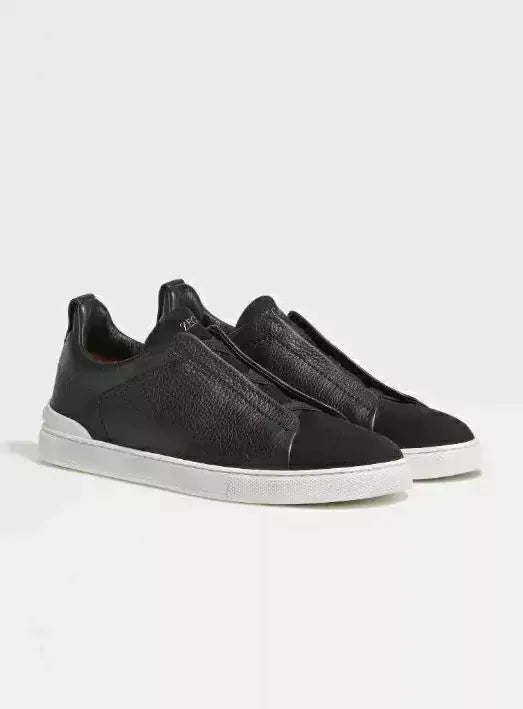 Triple Stitch Negro Cuero Gamuza Zapatillas – Suela blanca