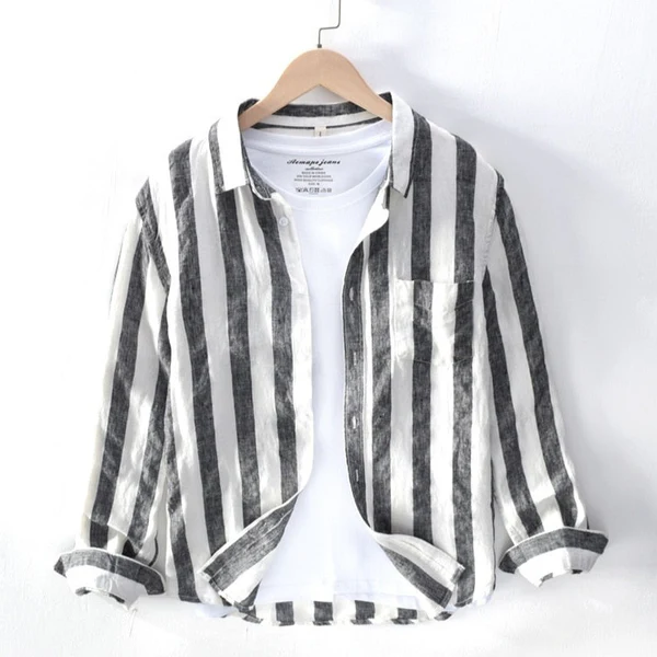 Camisa de Lino Manga Larga con Rayas Harbor – Blanco/Negro