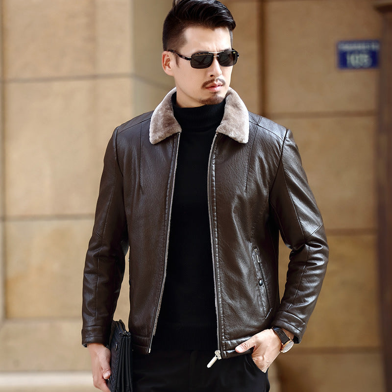 Chaqueta de Cuero con Cuello Forrado - Marrón
