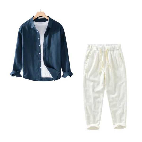 Dúo de Lino Harbor – Navy Linen Shirt + Off-White Linen Pants Set