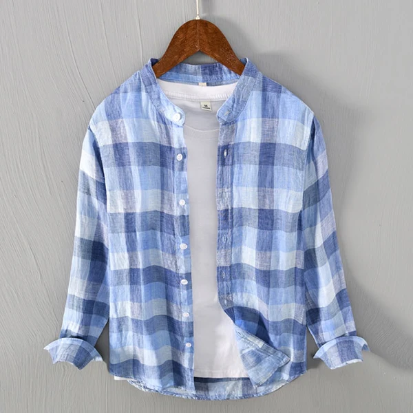 Camisa de Lino a Cuadros con Cuello Mao Cove – Azul