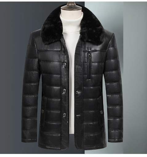 Chaqueta de Cuero Acolchada con Cuello de Piel - Marrón