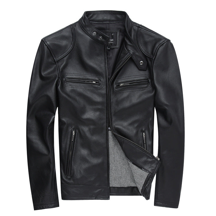 Chamarra Cuero Slim Cuello Alto - Negro