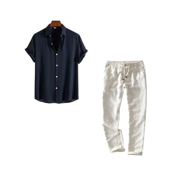 Contraste de Lino Harbor – Black Cotton Shirt + Natural Linen Pants Set
