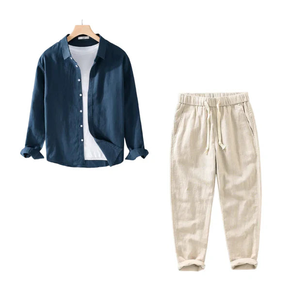 Dúo de Lino Harbor – Navy Blue Linen Shirt + Beige Linen Pants Set