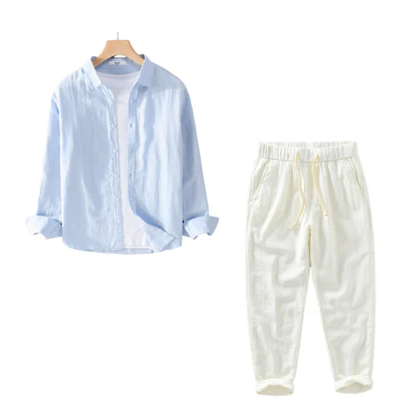 Dúo de Lino Harbor – Blue Linen Shirt + Off-White Linen Pants Set