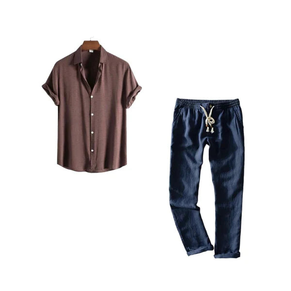 Contraste de Lino Harbor – Brown Shirt + Navy Blue Linen Pants Set