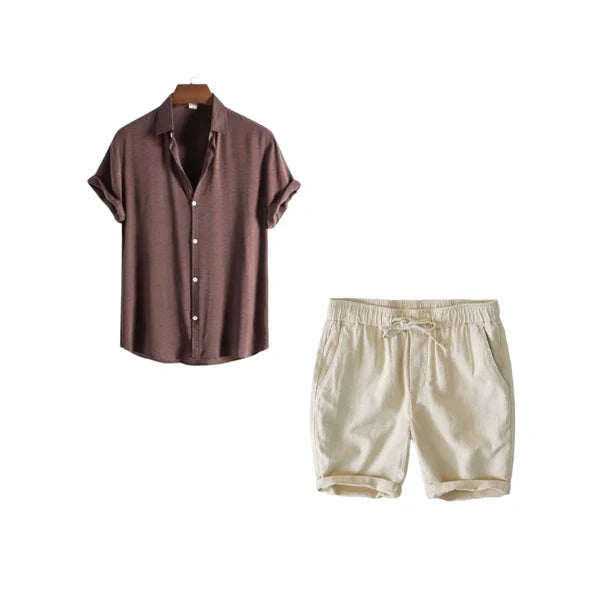 Harbor Weekend – Brown Shirt + Light Beige Linen Shorts Set