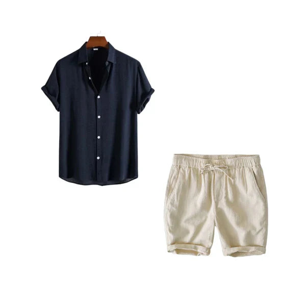 Harbor Weekend – Black Cotton Shirt + Light Beige Linen Shorts Set