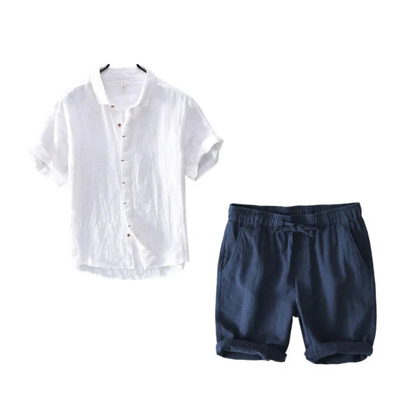 Lino Coastal Breeze – White Shirt + Navy Blue Shorts Set