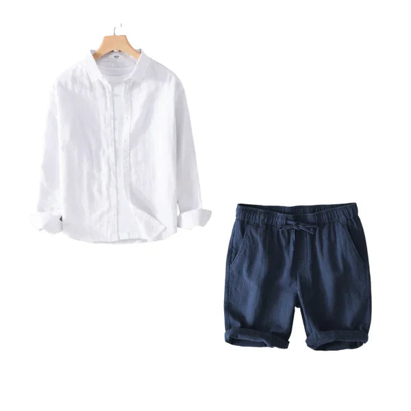 Lino Coastal Breeze – White Shirt + Navy Blue Linen Shorts Set