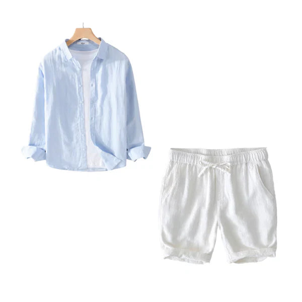 Lino Coastal Breeze – Blue Linen Shirt + White Linen Shorts Set