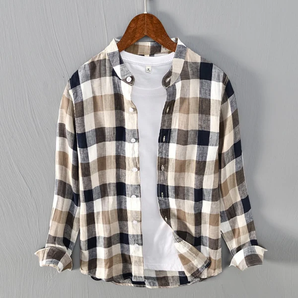 Camisa de Lino a Cuadros con Cuello Mao Cove – Cuadros Arena/Marino