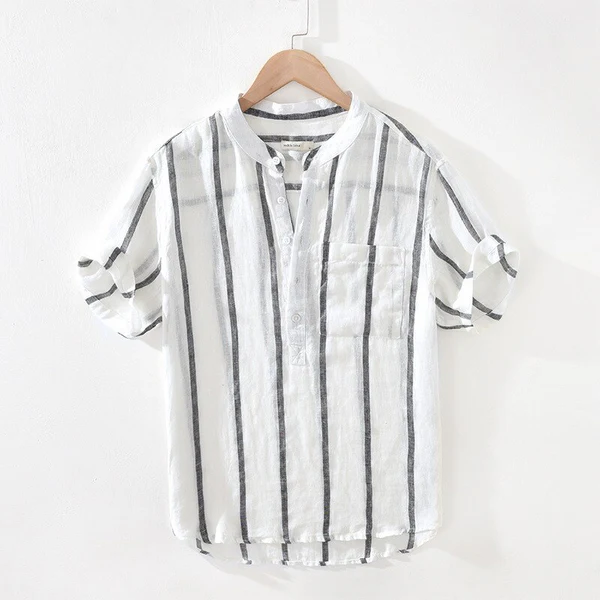Camisa de Lino con Rayas y Cuello Mao Cove – Blanco/Negro
