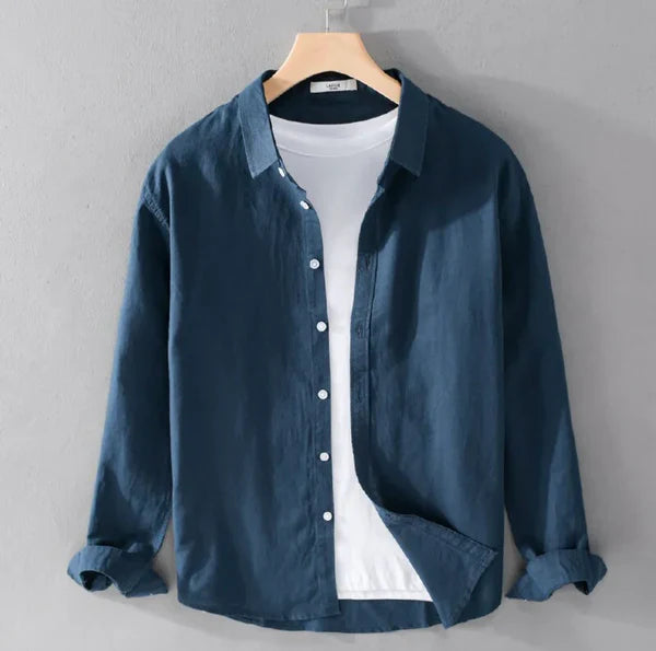 Lino Coastal Breeze – Navy Blue Shirt + White Linen Shorts Set