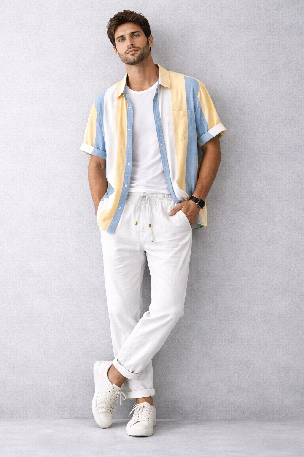 Camisa de Lino Manga Corta con Rayas Sunset – Multicolor