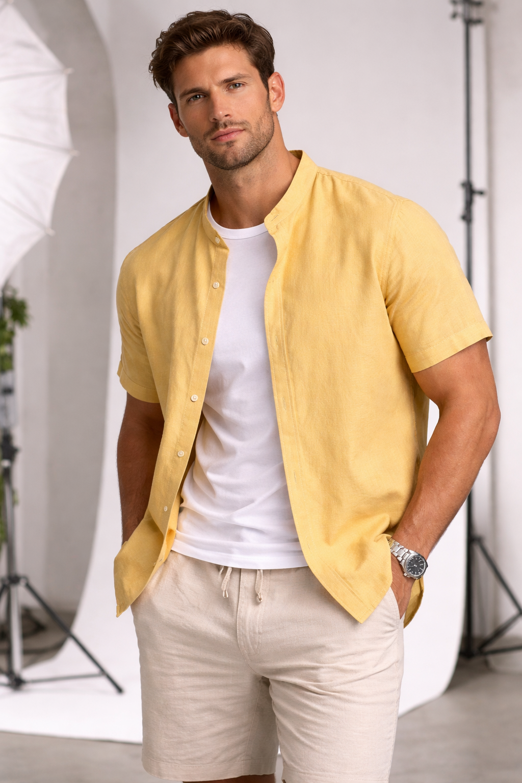 Camisa de Algodón-Lino con Cuello Mao Cove – Amarillo