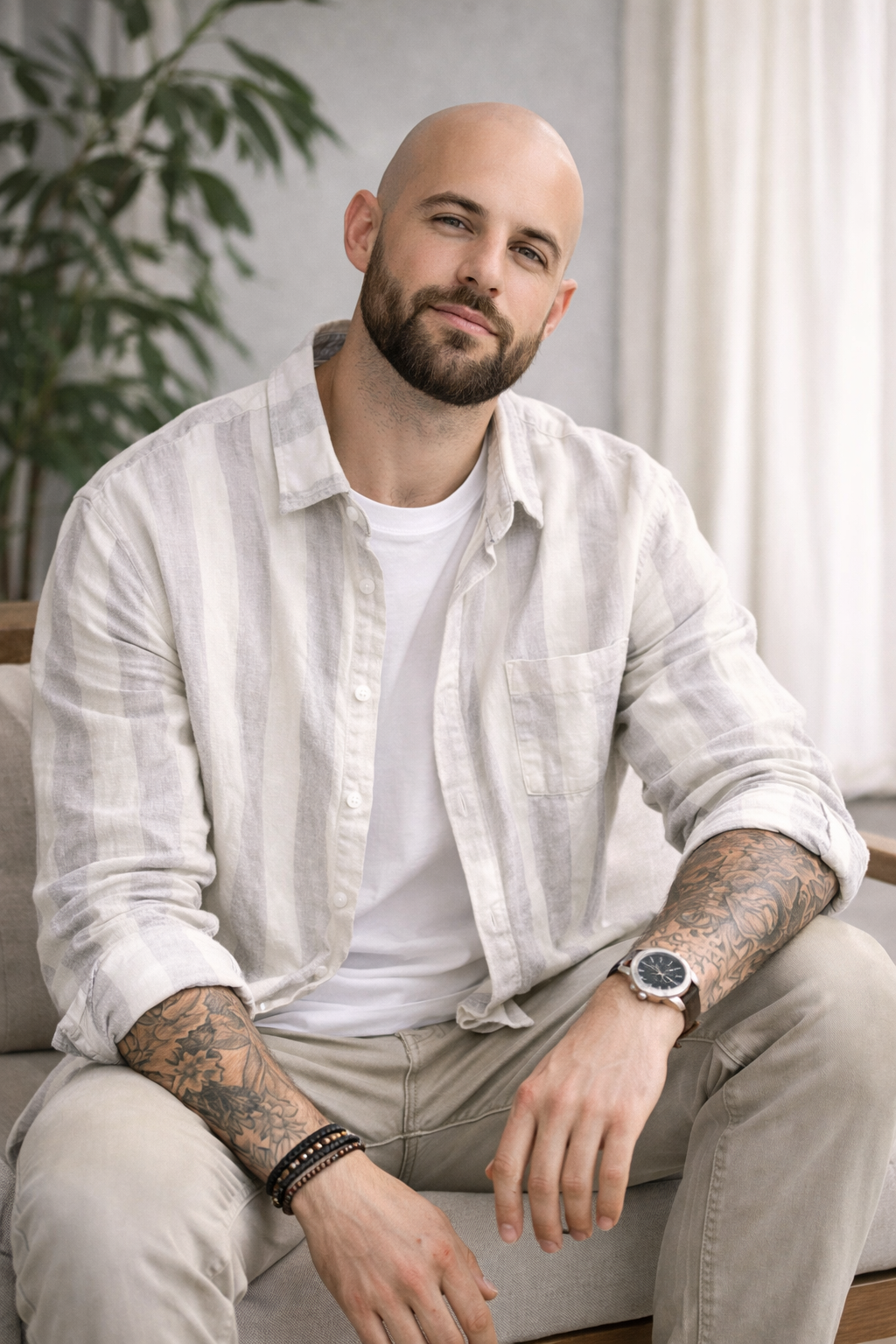 Camisa de Lino Manga Larga con Rayas Harbor – Blanco/Gris