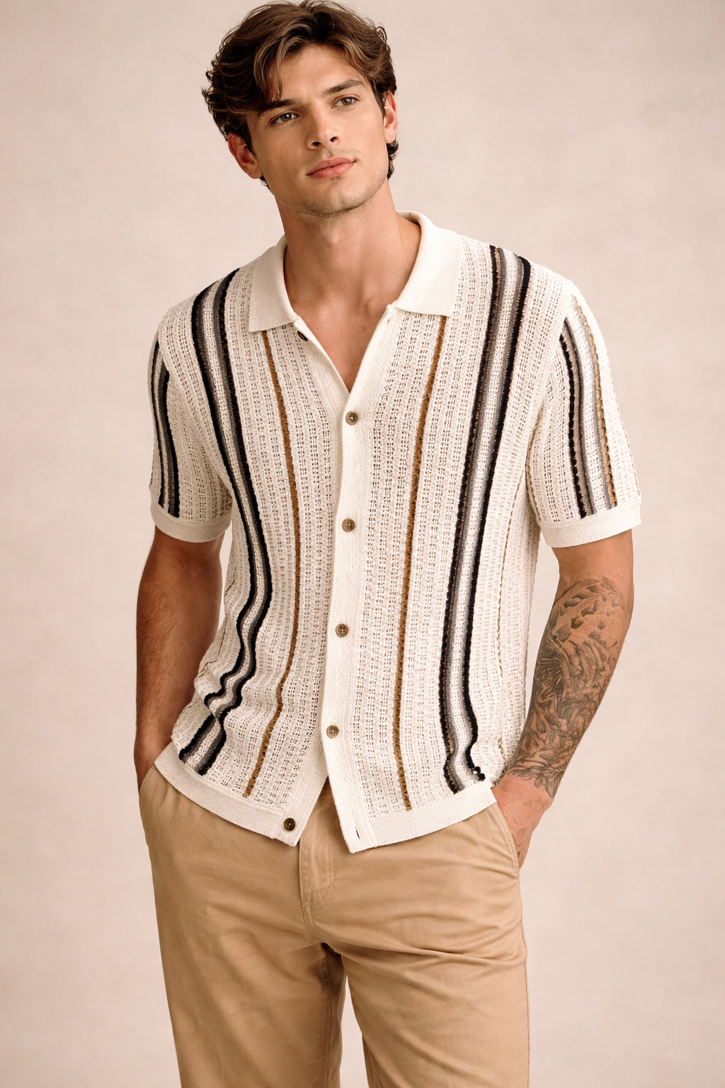 Camisa Polo de Punto y Crochet Capri – Rayas Marfil