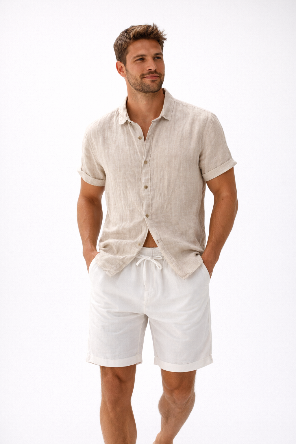 Lino Coastal Breeze – Beige Shirt + White Shorts Set