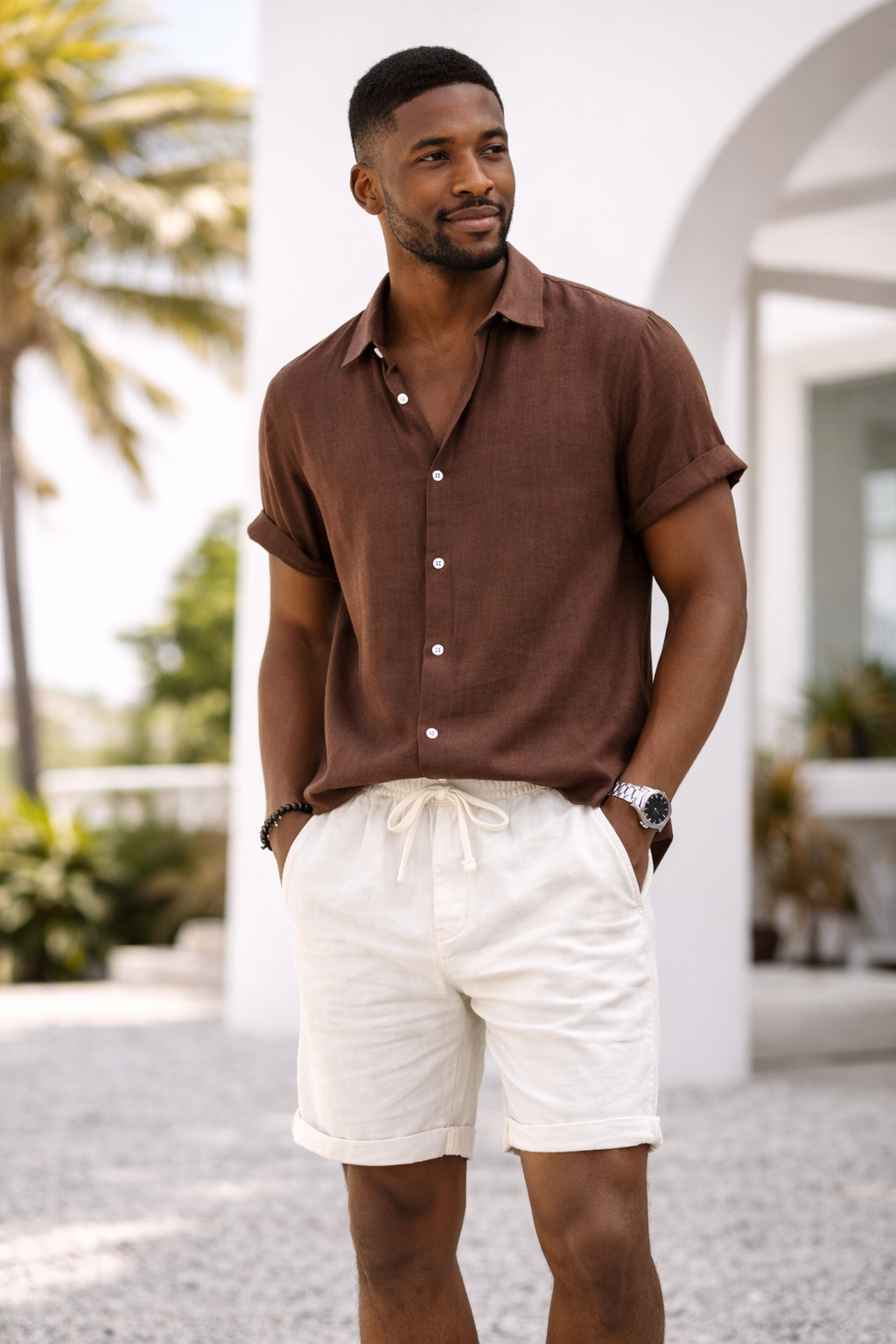 Harbor Weekend – Brown Shirt + White Linen Shorts Set
