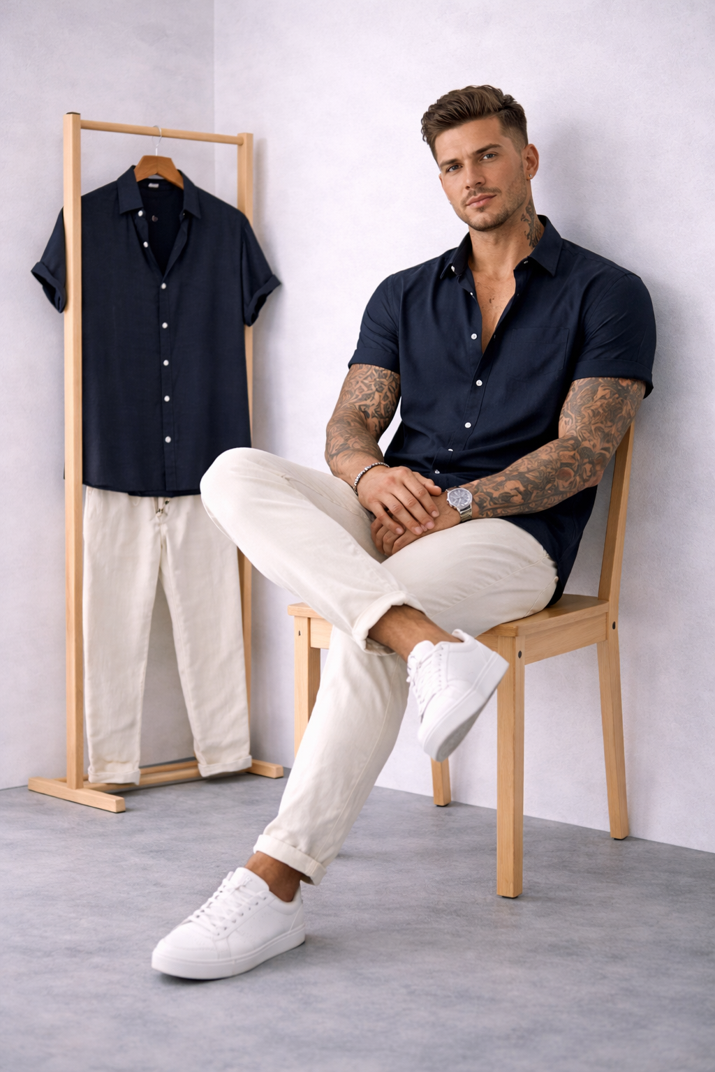 Contraste de Lino Harbor – Black Cotton Shirt + Natural Linen Pants Set