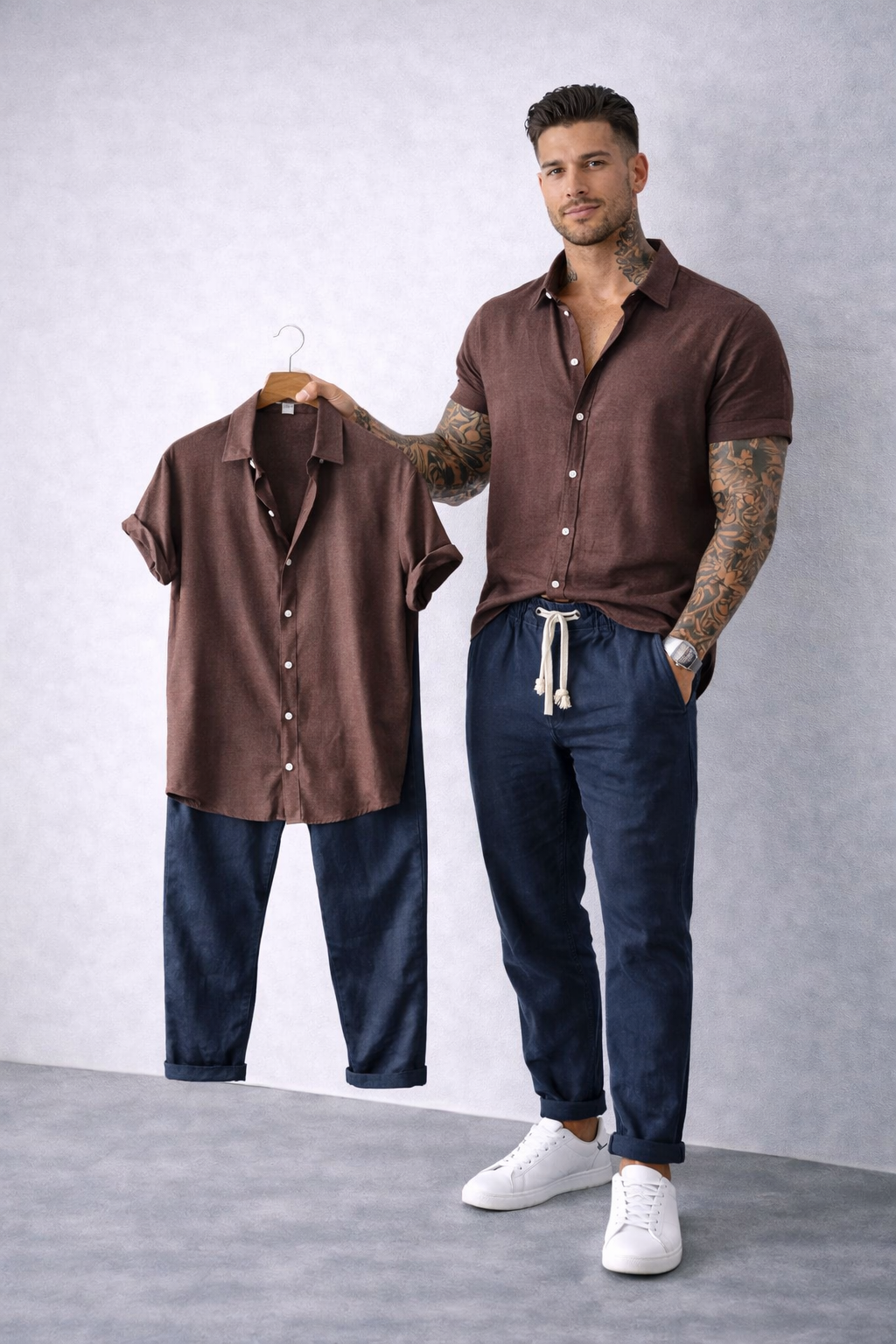 Contraste de Lino Harbor – Brown Shirt + Navy Blue Linen Pants Set