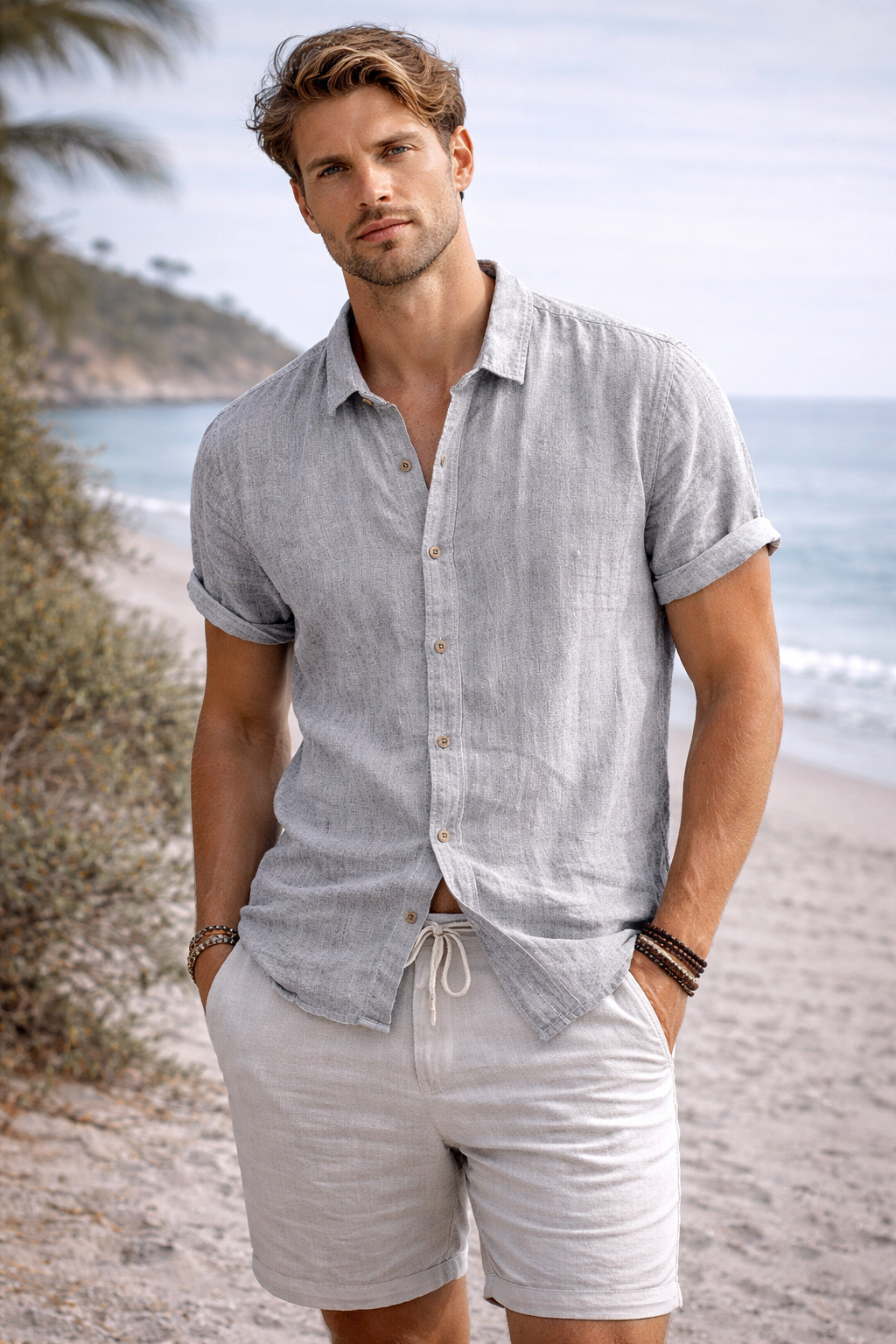 Camisa de Lino Manga Corta Coastal – Silver Grey
