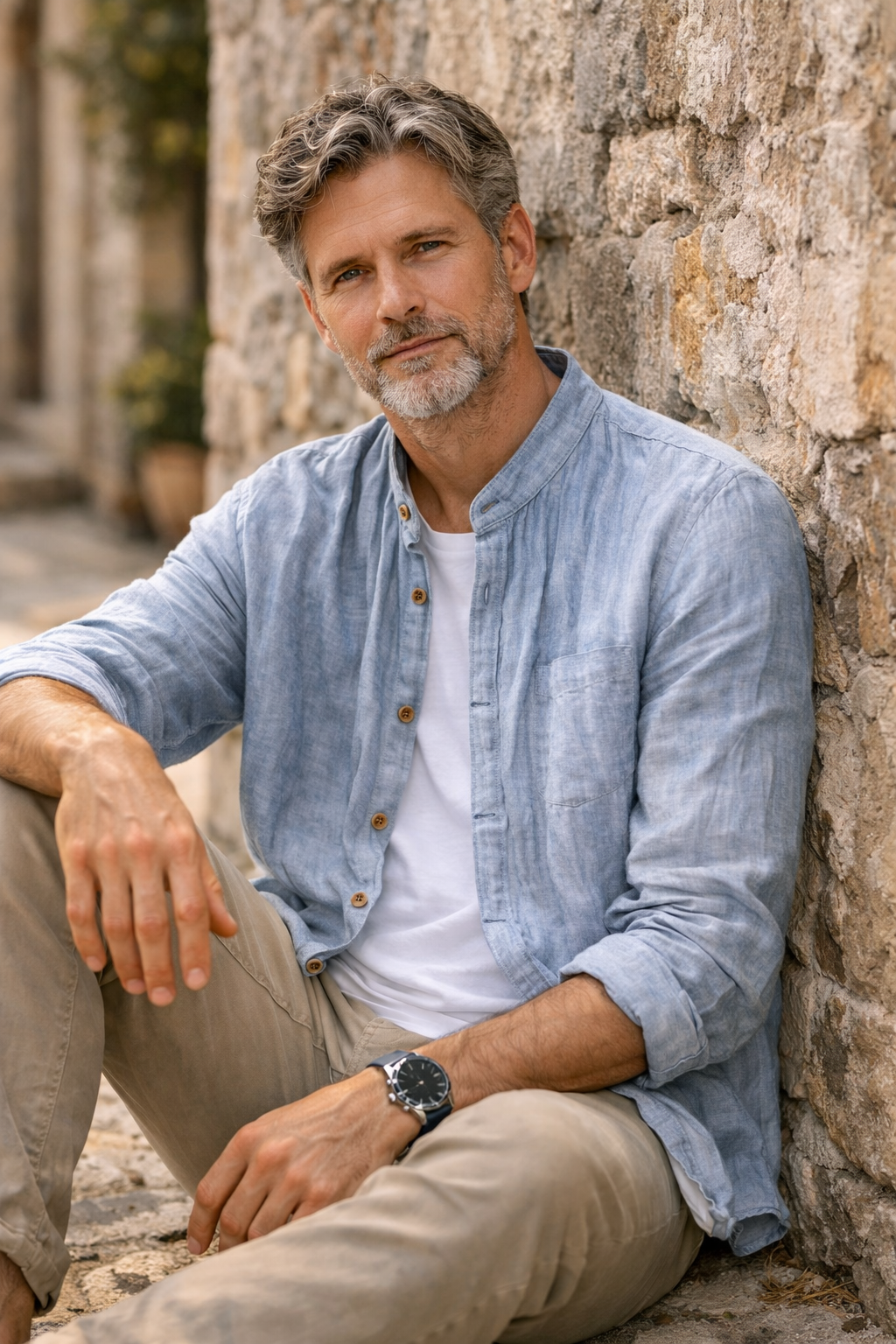 Camisa de Lino con Cuello Mao Cove – Azul