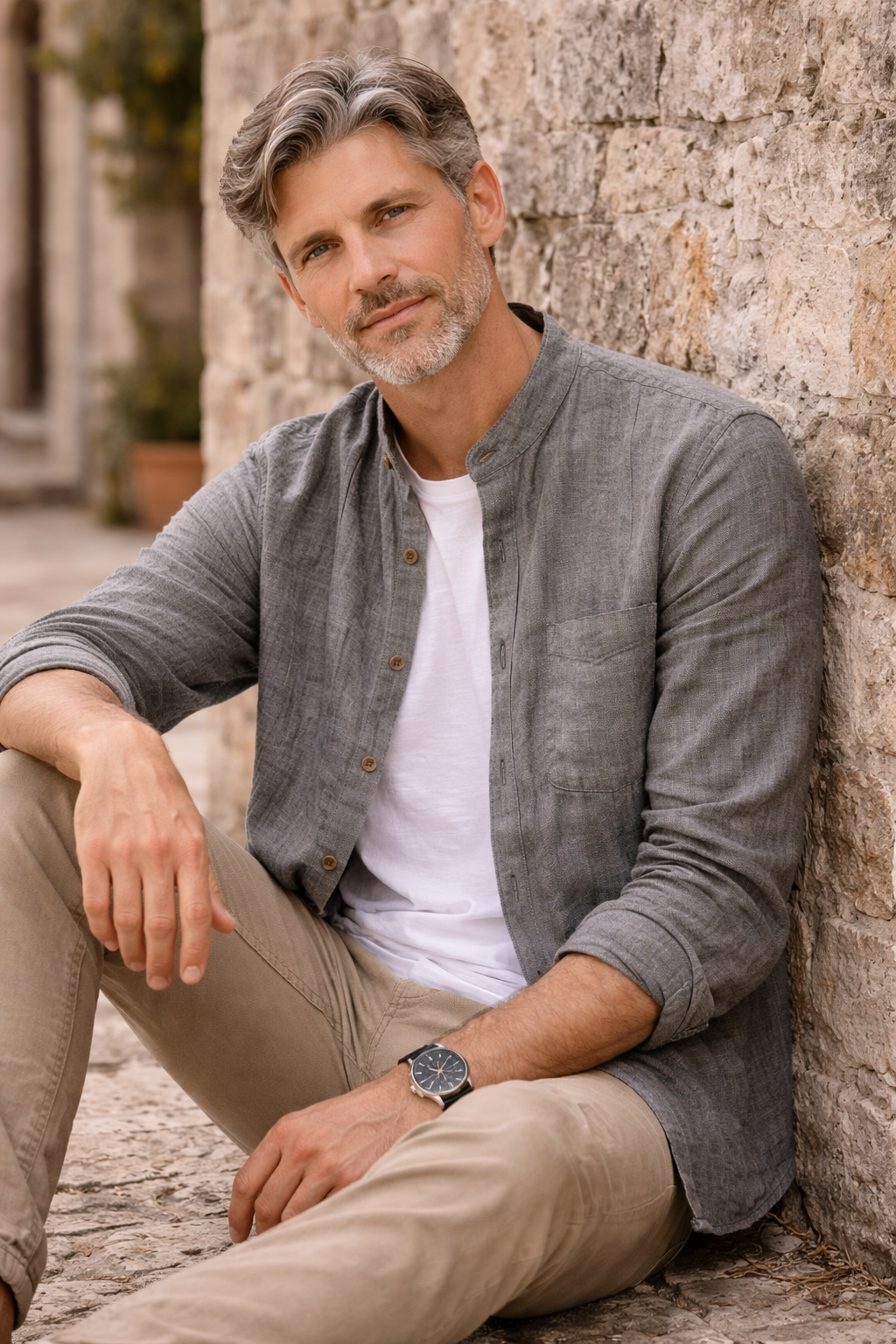 Camisa de Lino con Cuello Mao Cove – Gris