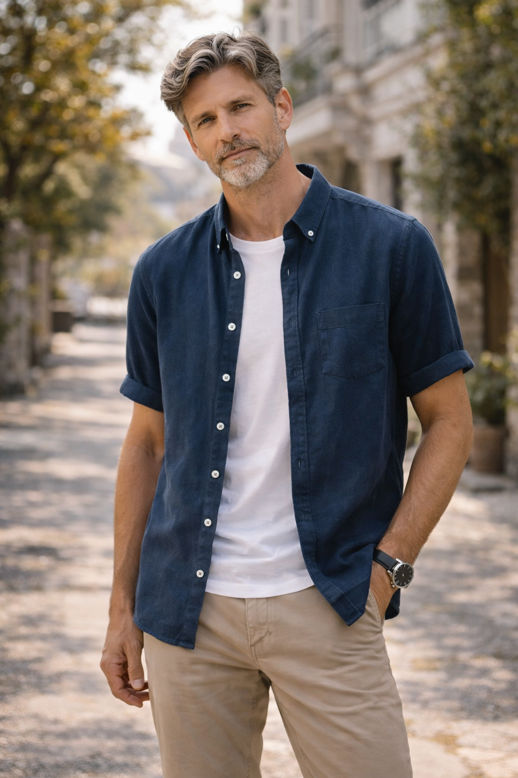 Camisa de Algodón-Lino Manga Corta Cove – Deep Navy