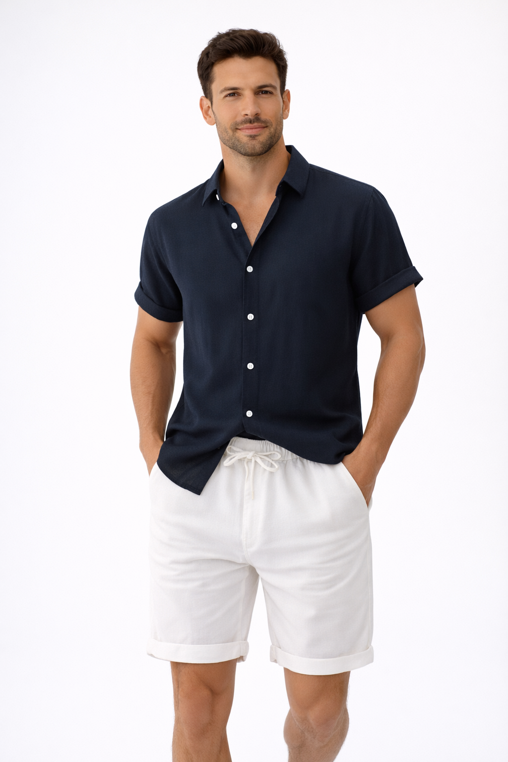Harbor Weekend – Black Cotton Shirt + White Cotton-Linen Shorts Set