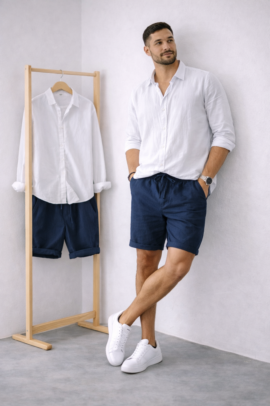 Lino Coastal Breeze – White Shirt + Navy Blue Linen Shorts Set