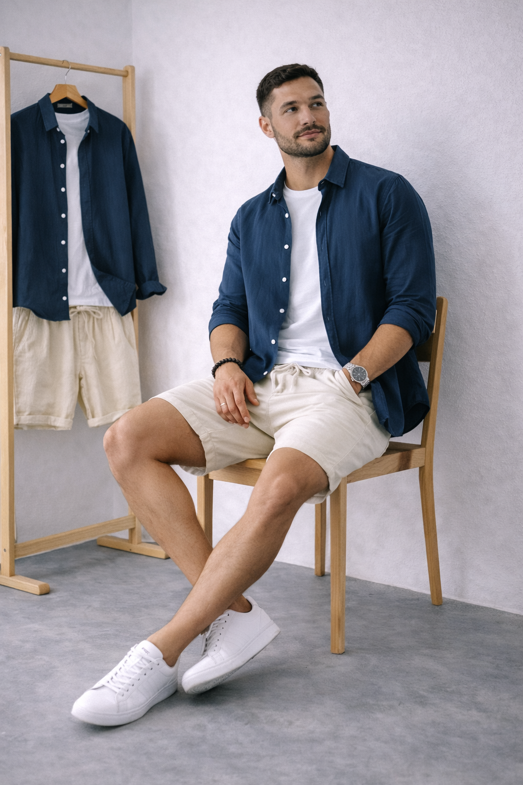 Lino Coastal Breeze – Navy Blue Shirt + Beige Linen Shorts Set