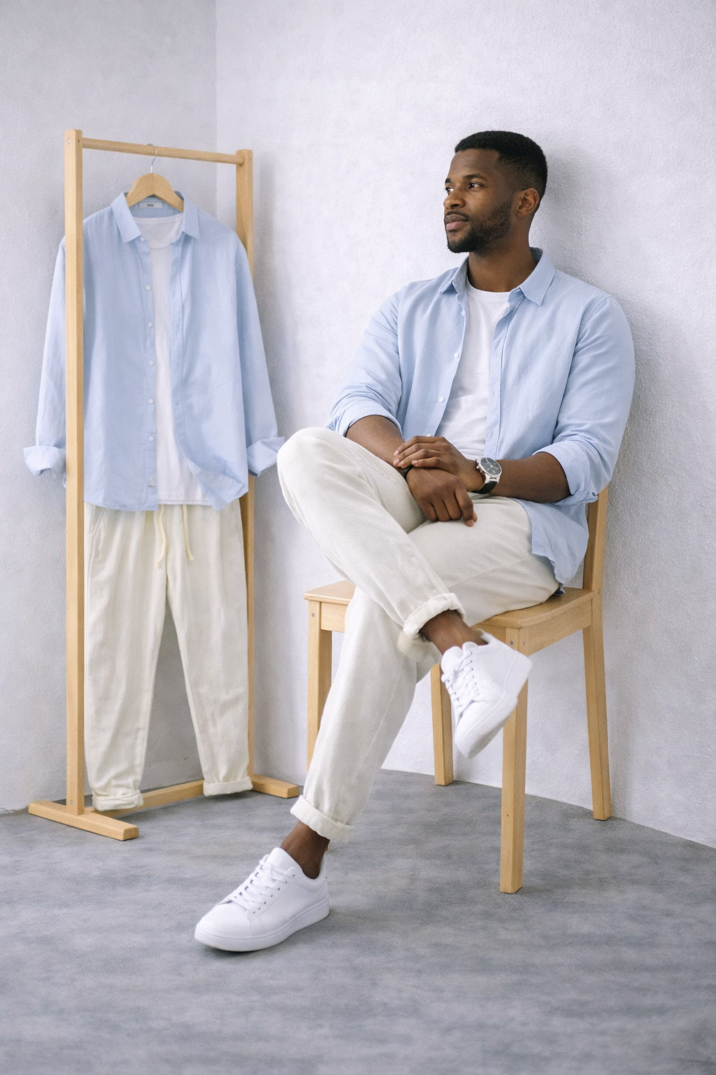 Dúo de Lino Harbor – Blue Linen Shirt + Off-White Linen Pants Set