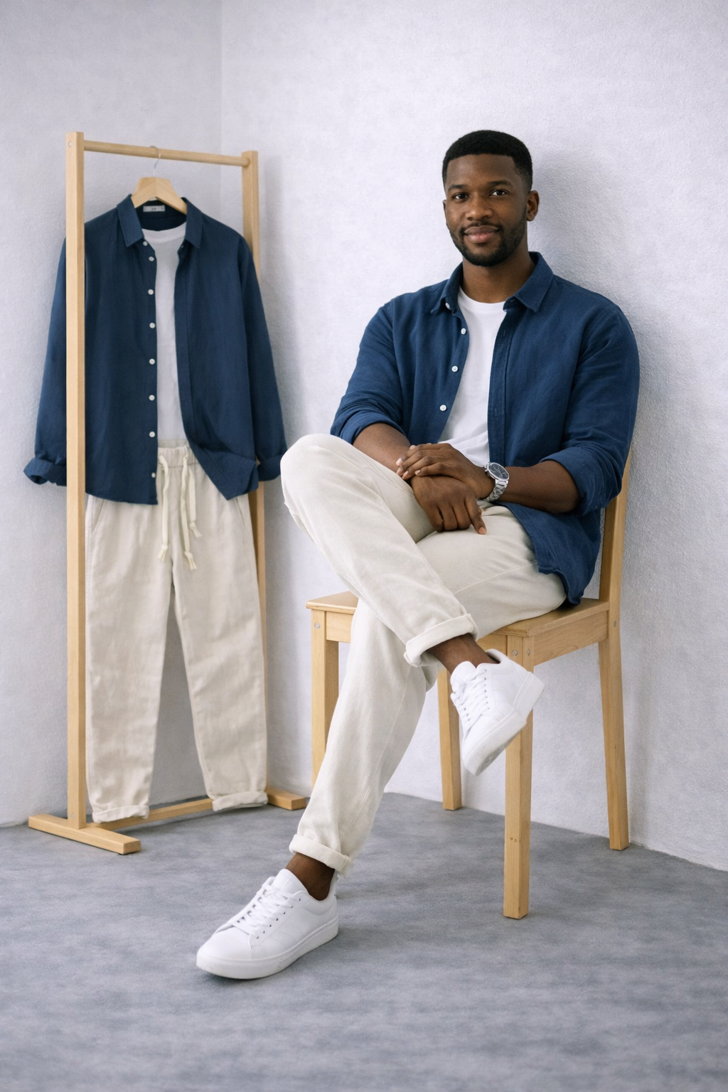 Dúo de Lino Harbor – Navy Blue Linen Shirt + Beige Linen Pants Set