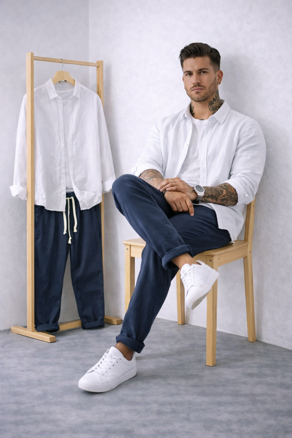 Dúo de Lino Harbor – White Linen Shirt + Navy Blue Linen Pants Set