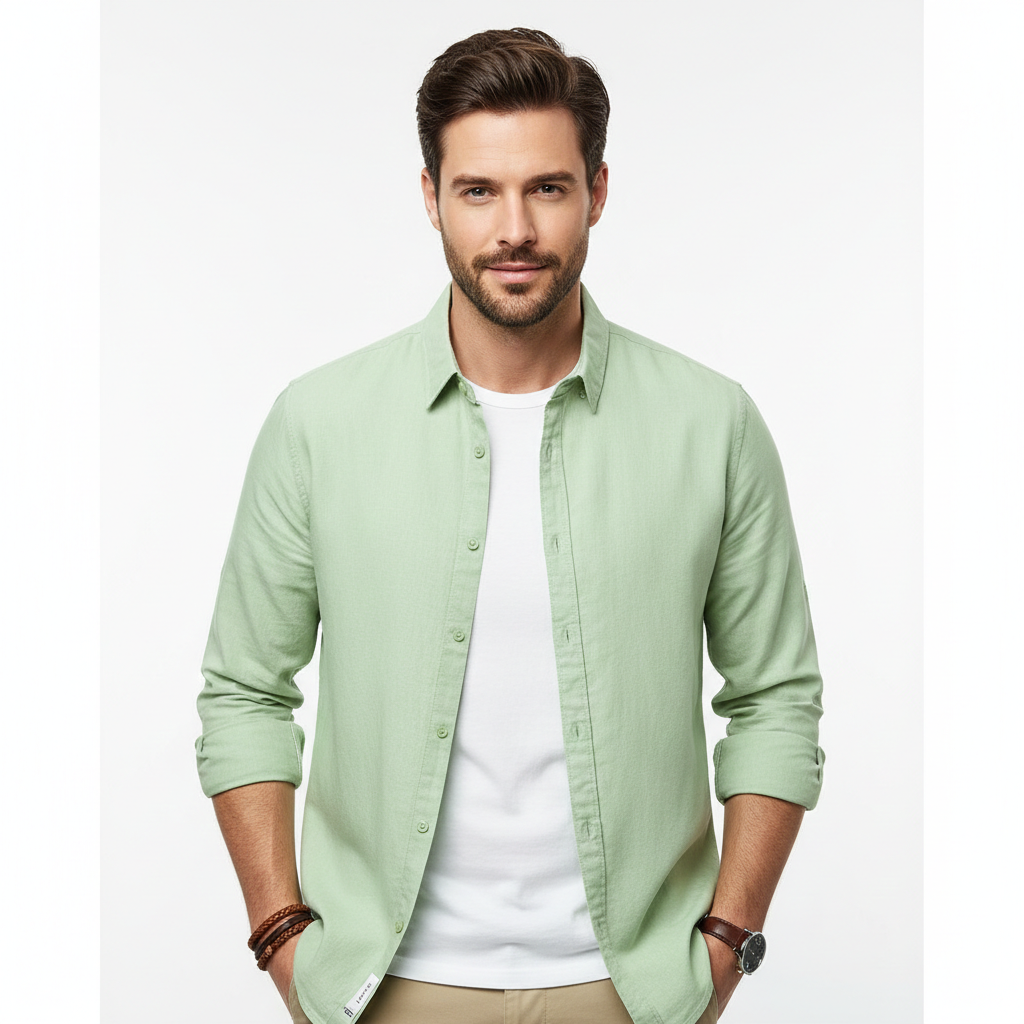 Camisa de Algodón-Lino Manga Larga Harbor – Verde