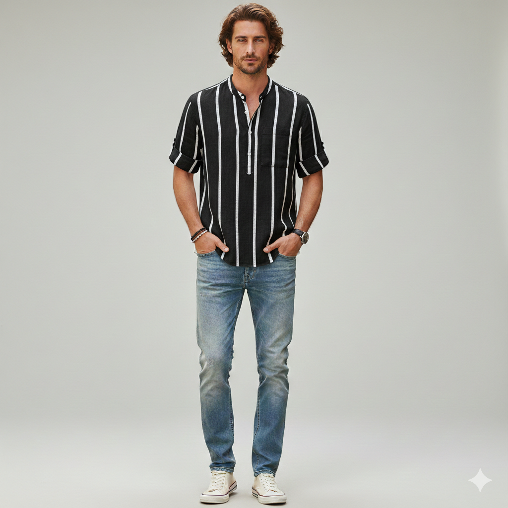 Camisa de Lino con Rayas y Cuello Mao Cove – Negro