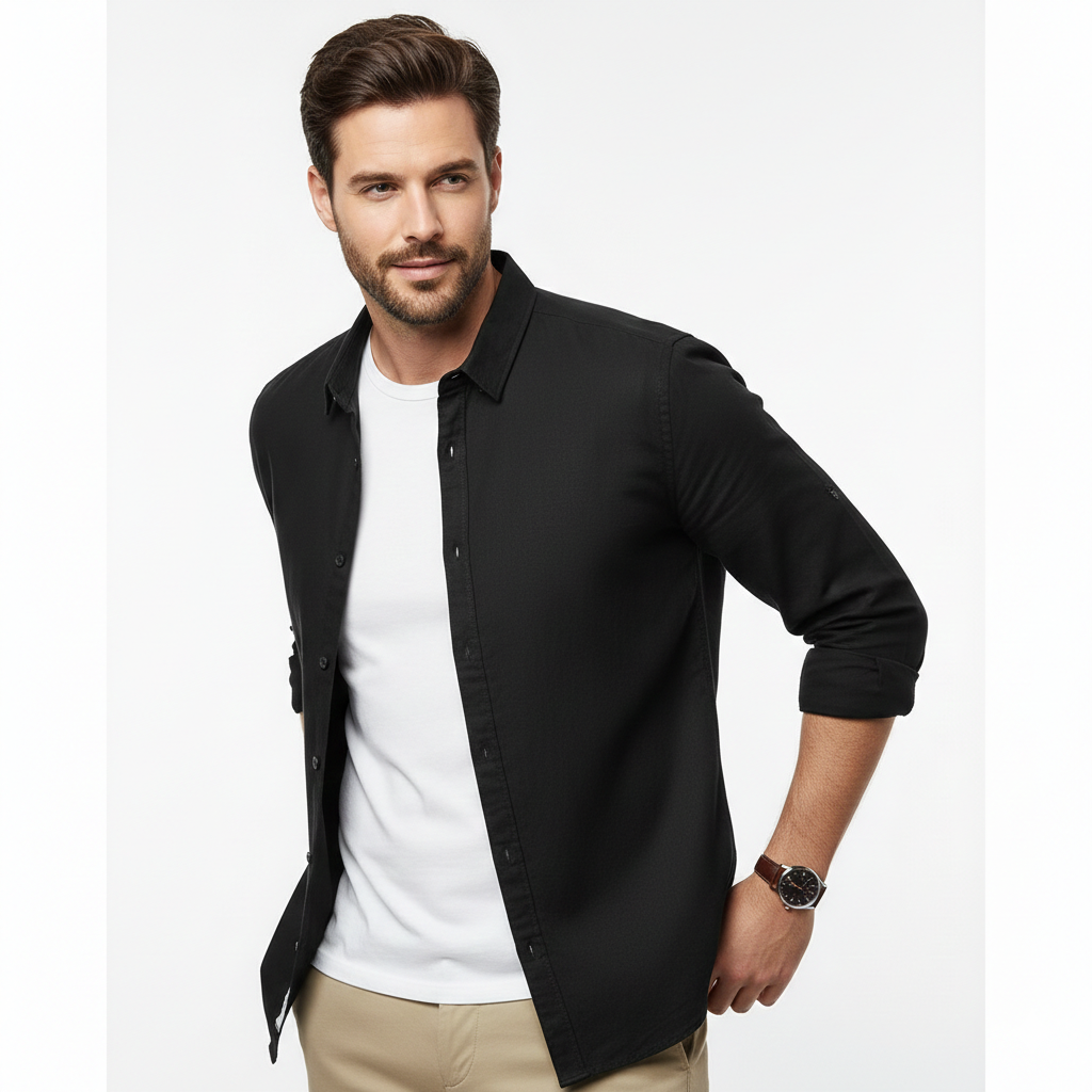 Camisa de Algodón-Lino Manga Larga Harbor – Negro