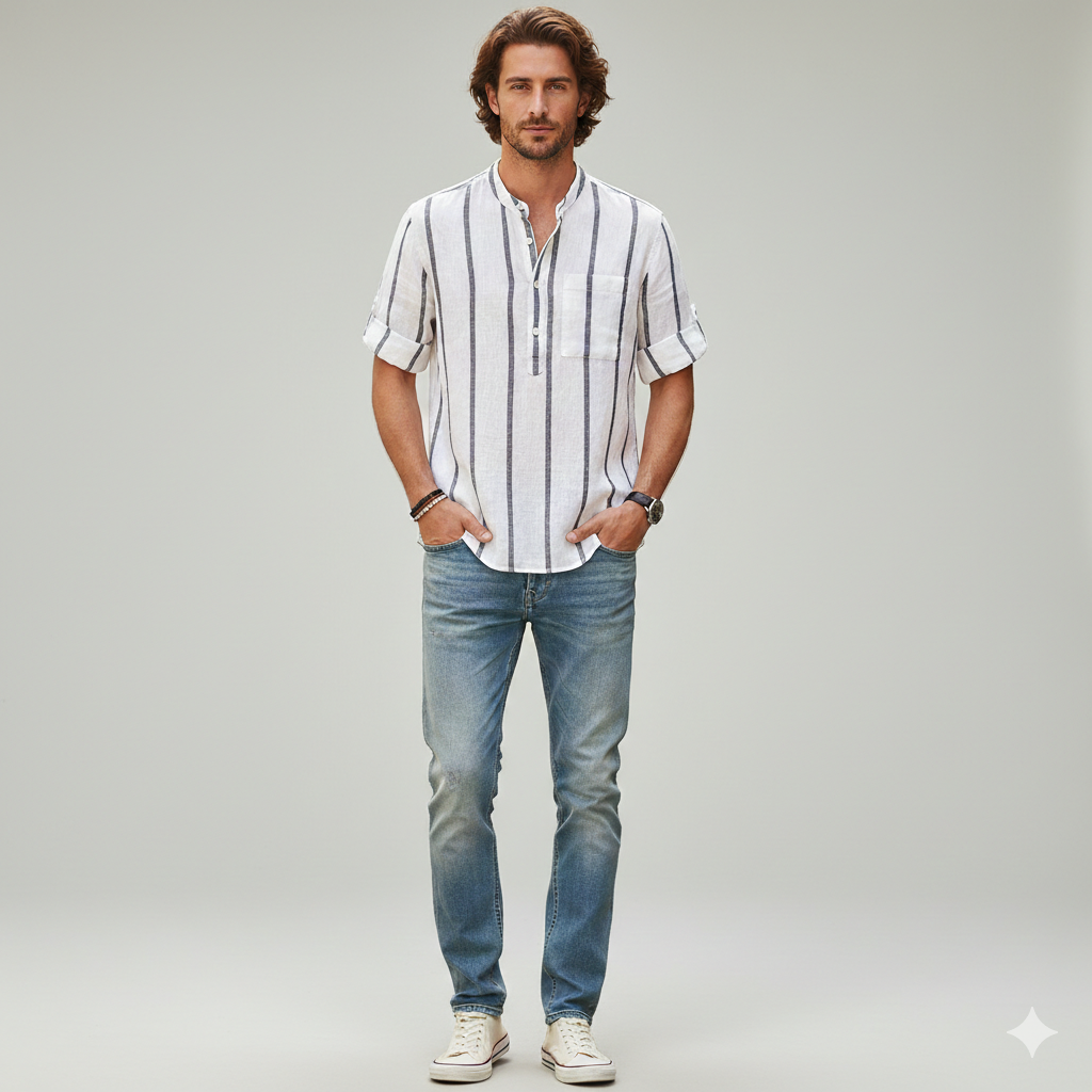 Camisa de Lino con Rayas y Cuello Mao Cove – Blanco/Negro