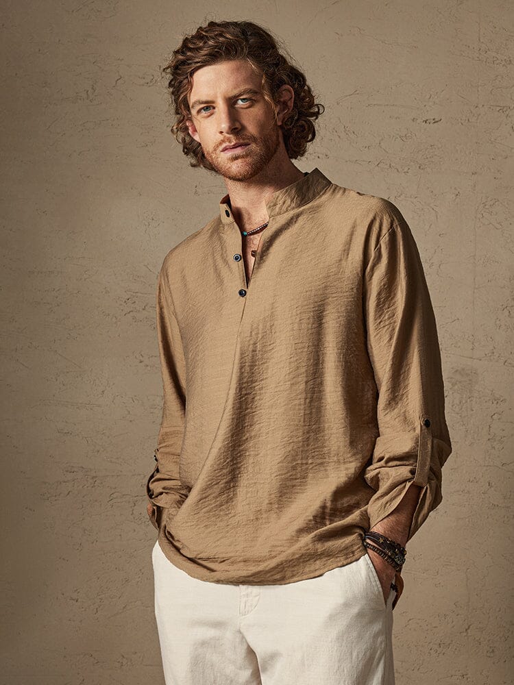 Camisa de Lino con Cuello Mao - Azul