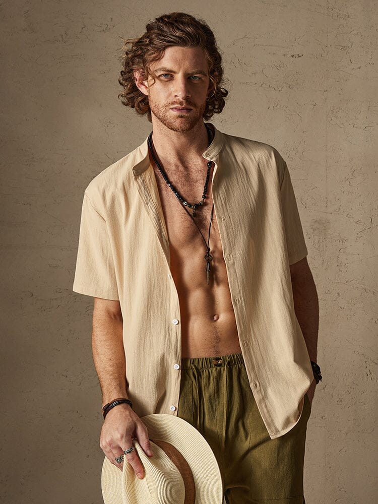 Camisa de Lino con Cuello Mao - Azul claro