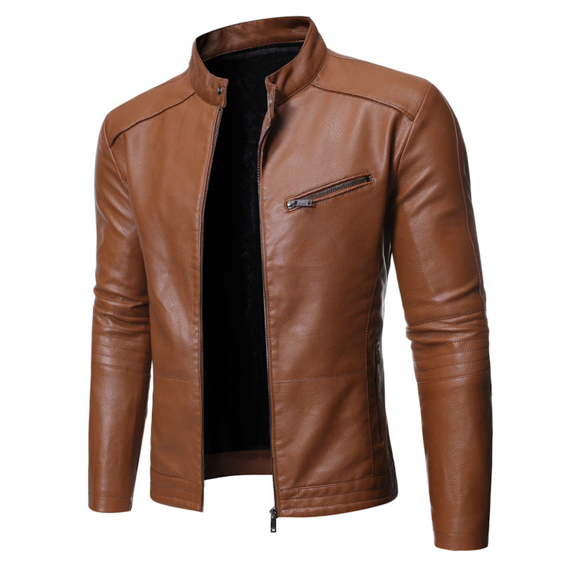 Chaqueta de Cuero Slim Fit con Cuello Alto y Cremallera - Negro
