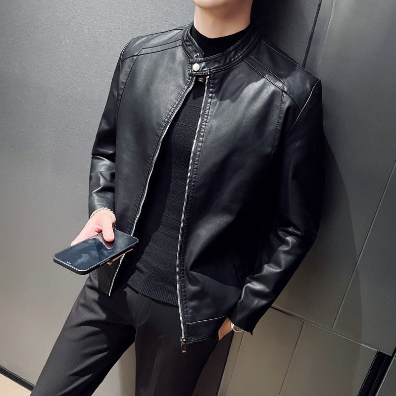 Chaqueta de Cuero Slim Fit con Forro Interior y Cremallera Negra